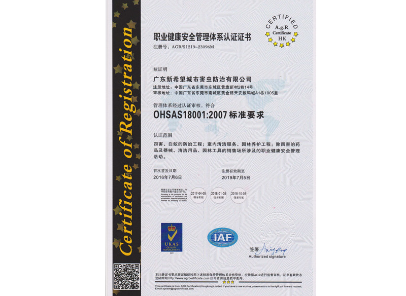 OHSAS18001：2007证书